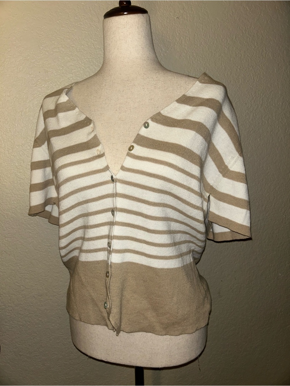 Vintage Women’s Knit Oversized Button-Up Top in Ivory Cream & Tan Striped